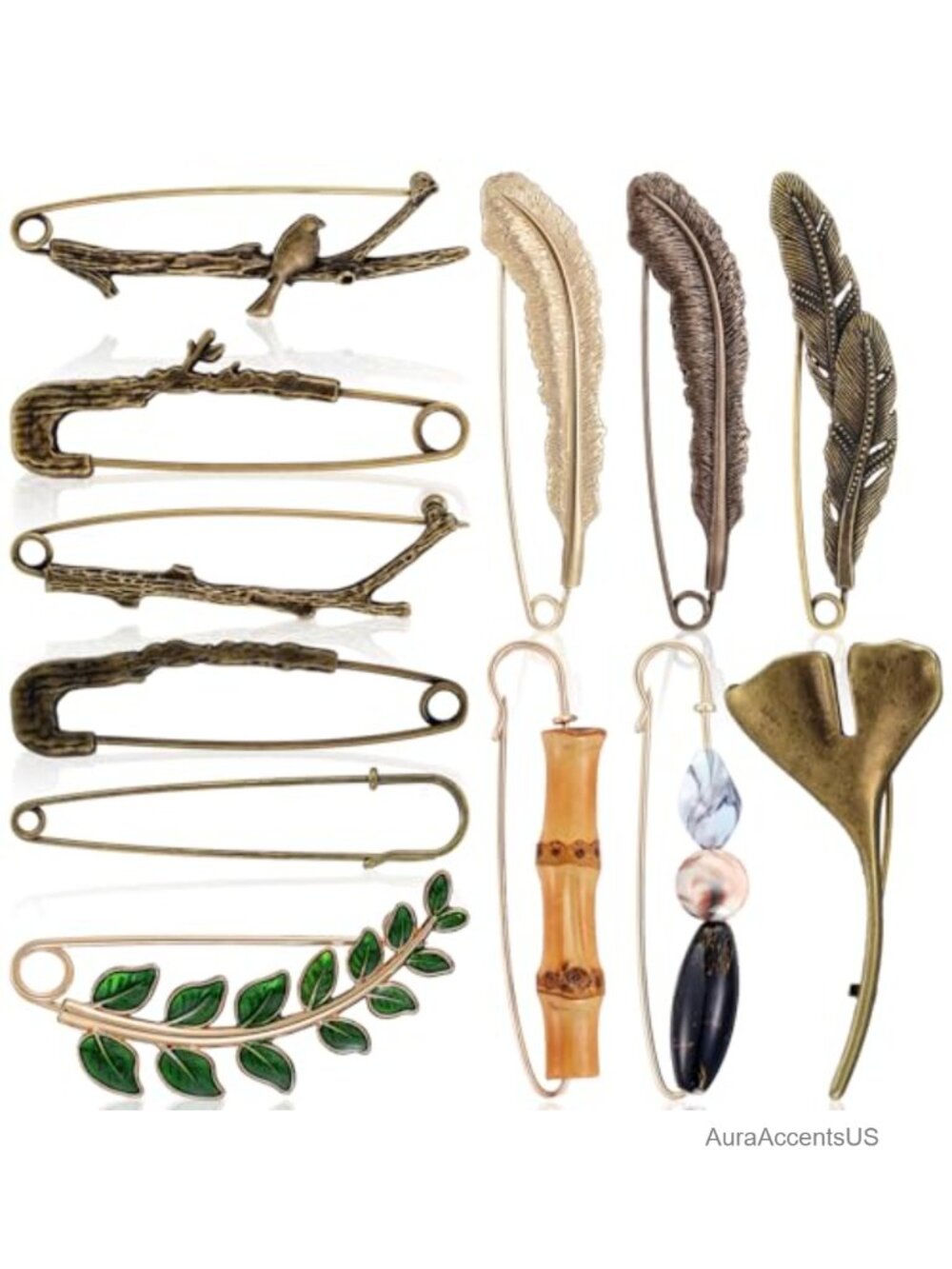 Extra Large Safety Pins 12 Pc Vintage Alloy Brooches for Hat Scarf Shawl